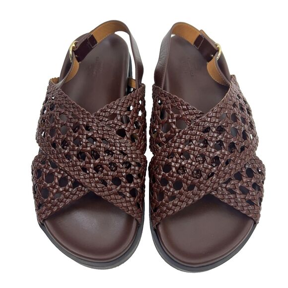 Sezane Tilda Low Sandals Size 9 Brown Smooth Woven Leather Flats Buckle Shoes - Picture 2 of 16